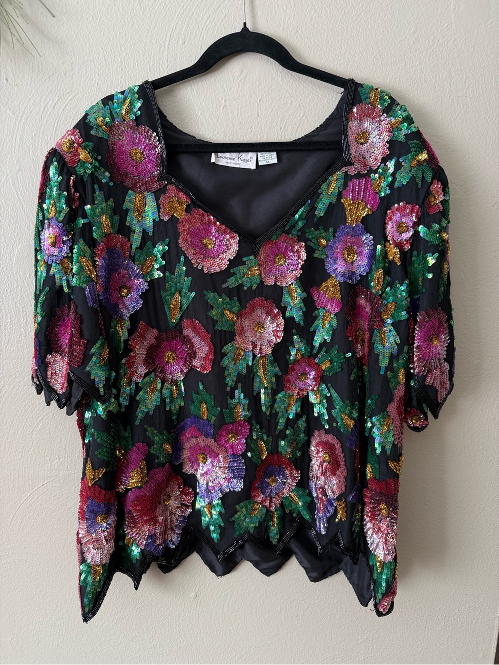 Laurence Kazar Vintage 80s Silk Black Pink Floral sequin top women’s size 4X
